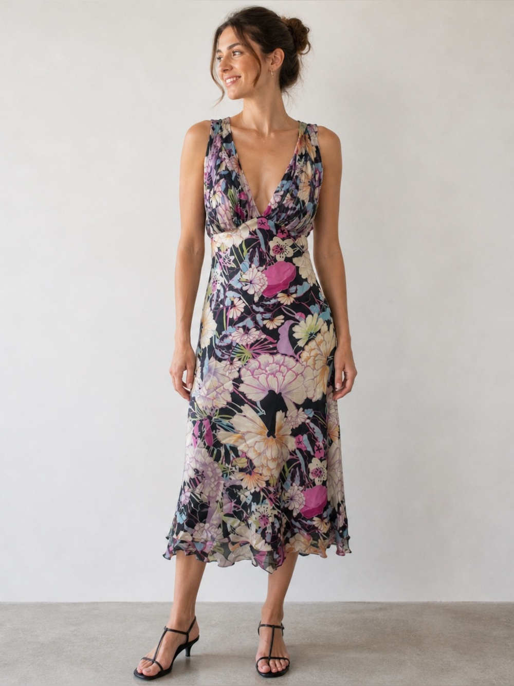 Cache Women's VTG Y2K Fairycore Midnight Floral Midi Hi-Low Halter Silk Dress